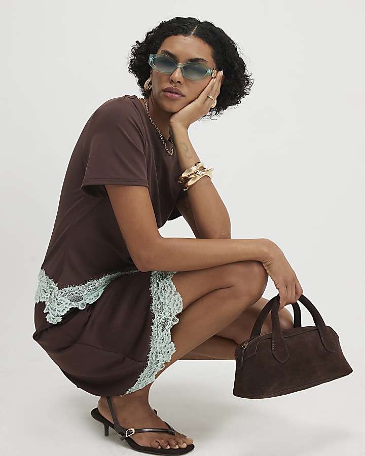Brown Short Sleeve Satin Ruched Mini Dress