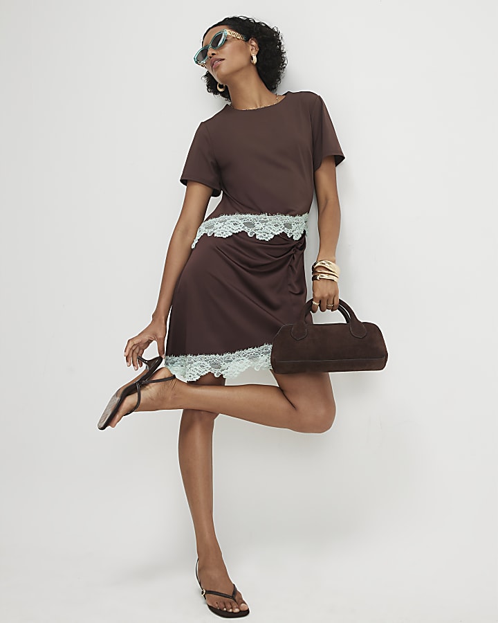 Brown Short Sleeve Satin Ruched Mini Dress