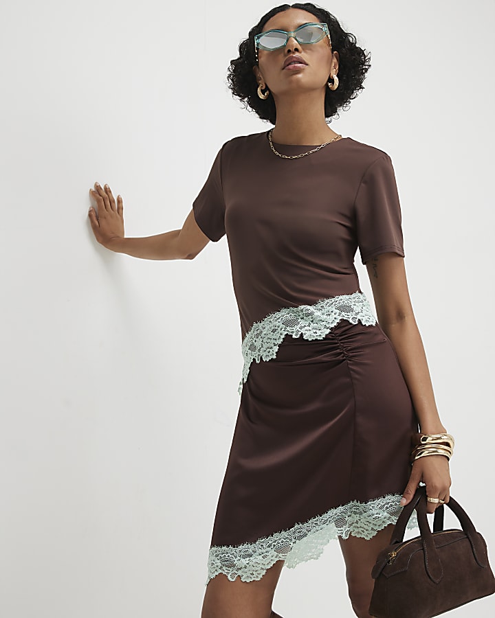 Brown Short Sleeve Satin Ruched Mini Dress