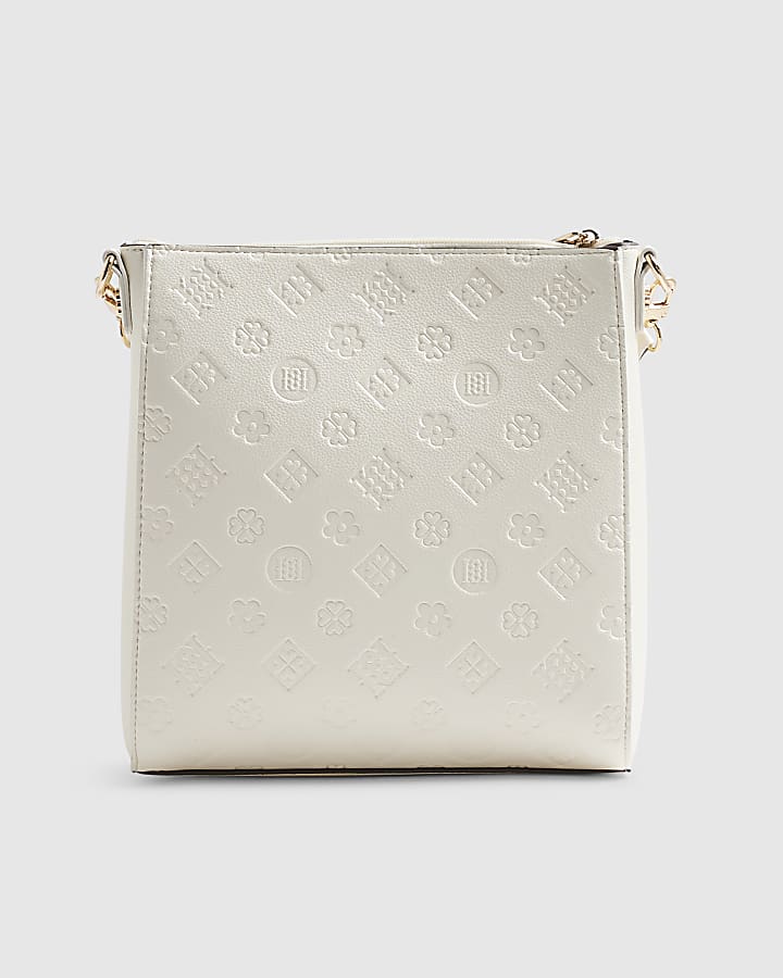 Cream Embossed Monogram Print Messenger Bag