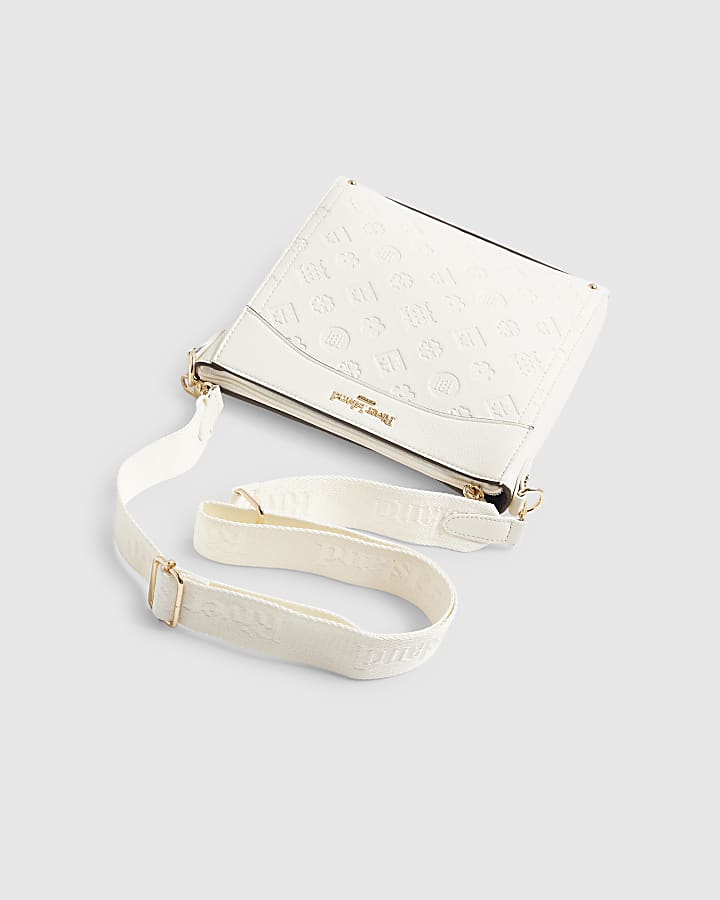 Cream Embossed Monogram Print Messenger Bag