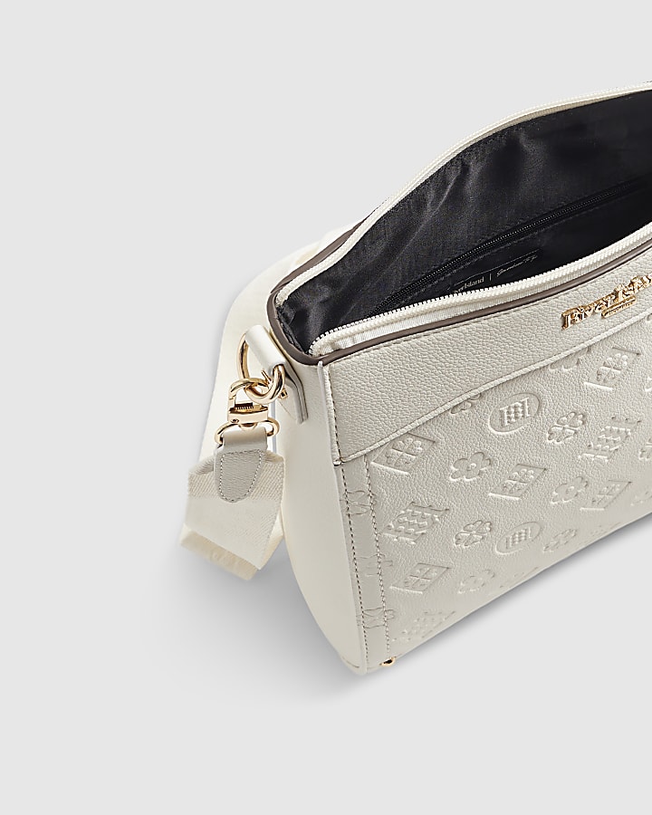 Cream Embossed Monogram Print Messenger Bag