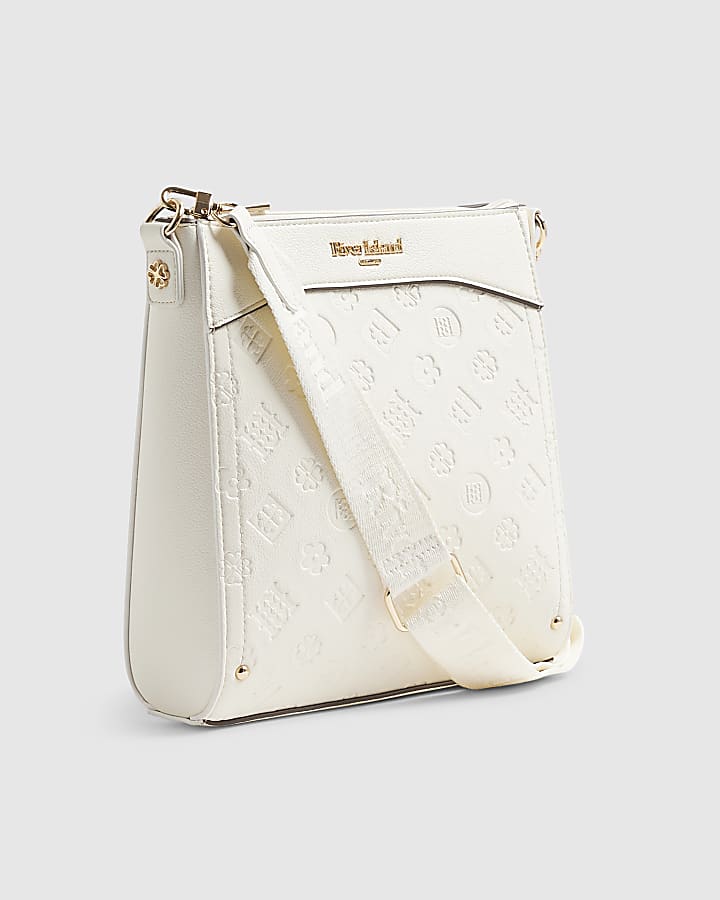 Cream Embossed Monogram Print Messenger Bag