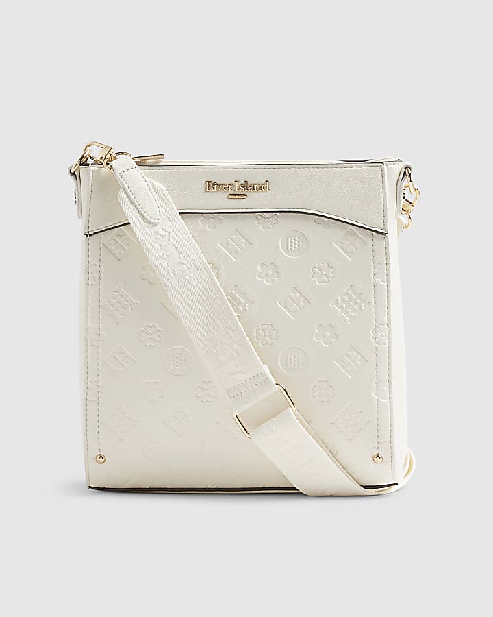 Cream Embossed Monogram Print Messenger Bag
