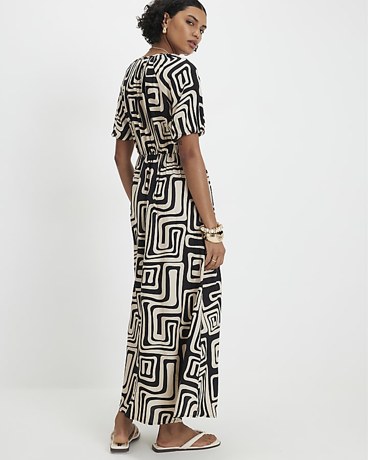 Black Geometric Print Midi Dress