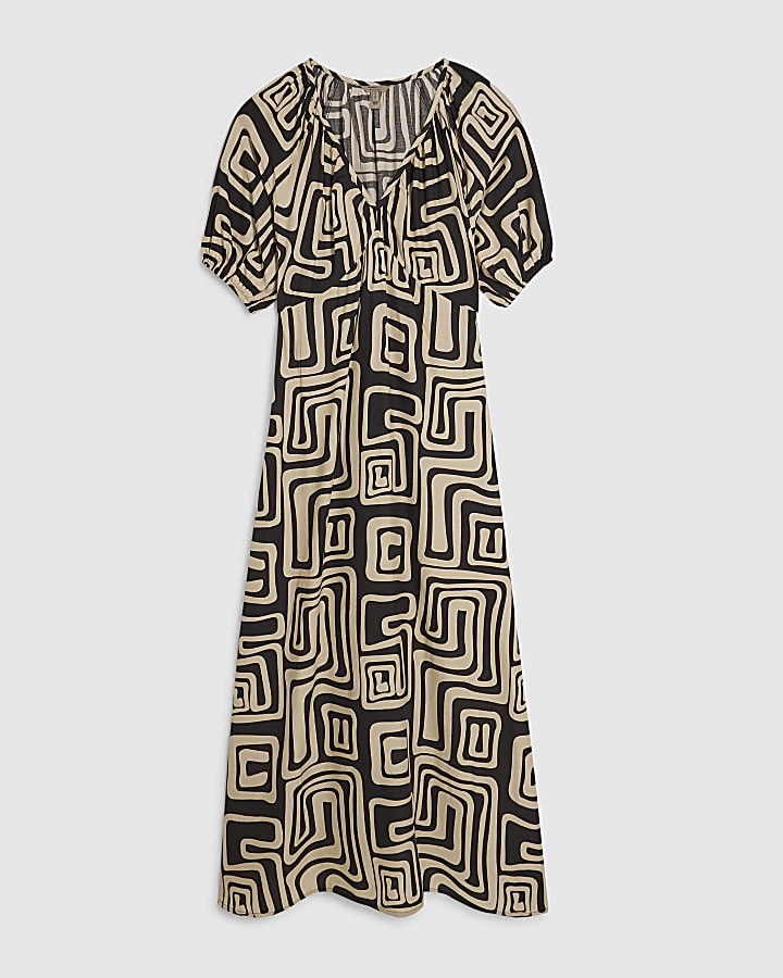 Black Geometric Print Midi Dress