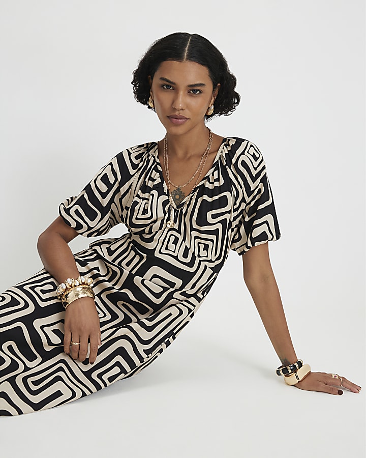 Black Geometric Print Midi Dress