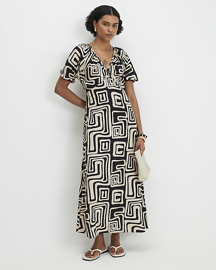 Black Geometric Print Midi Dress