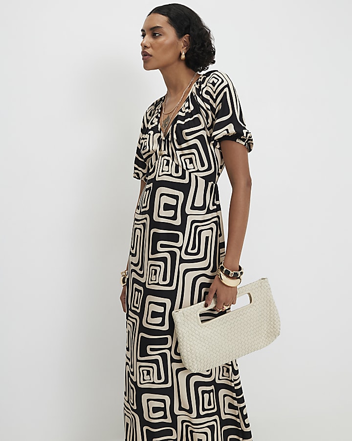 Black Geometric Print Midi Dress