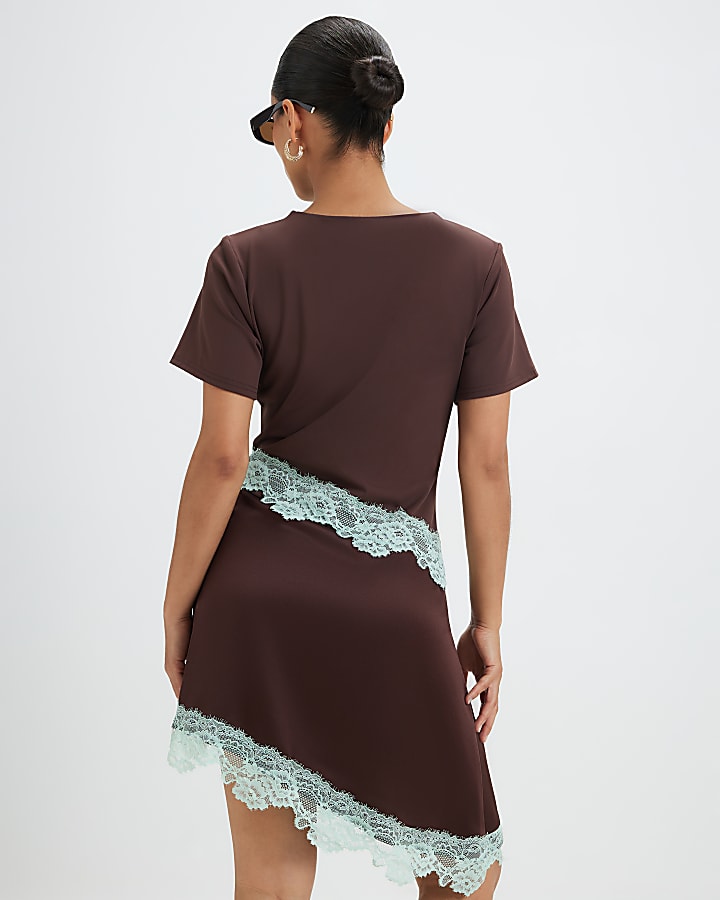 Petite Brown Satin Lace Ruched Mini Dress