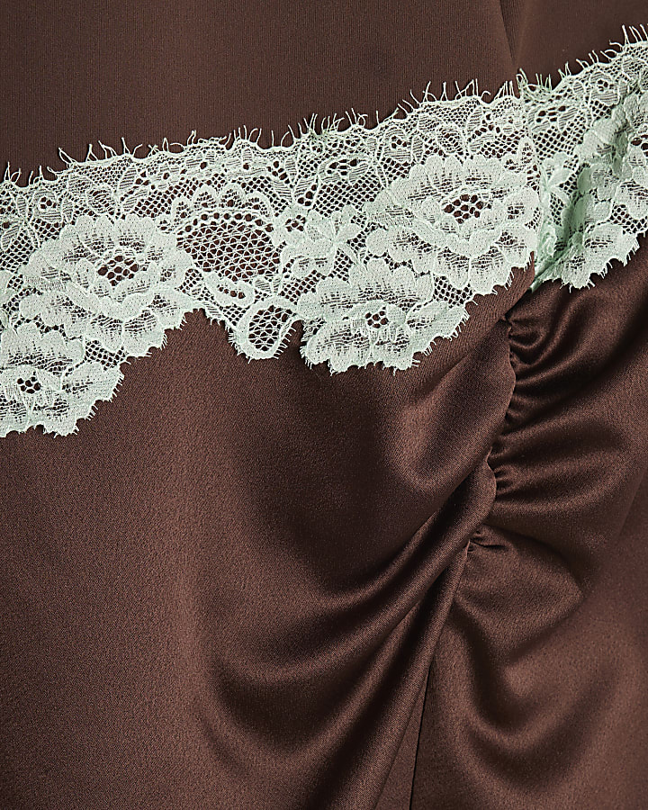 Petite Brown Satin Lace Ruched Mini Dress