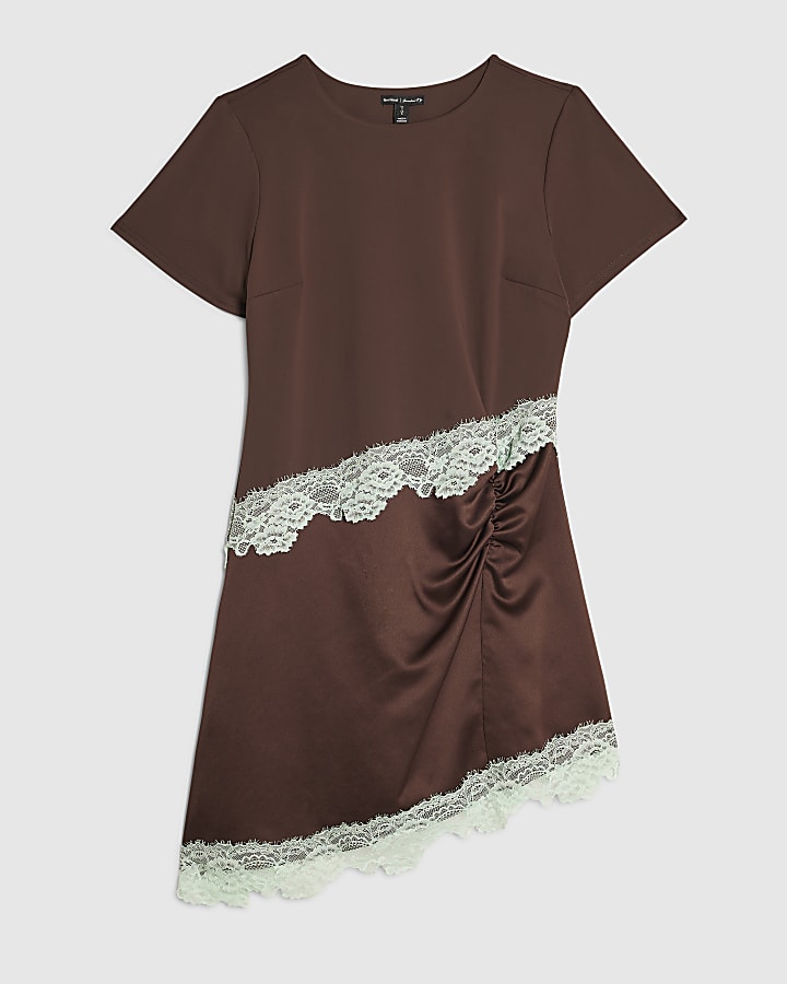 Petite Brown Satin Lace Ruched Mini Dress