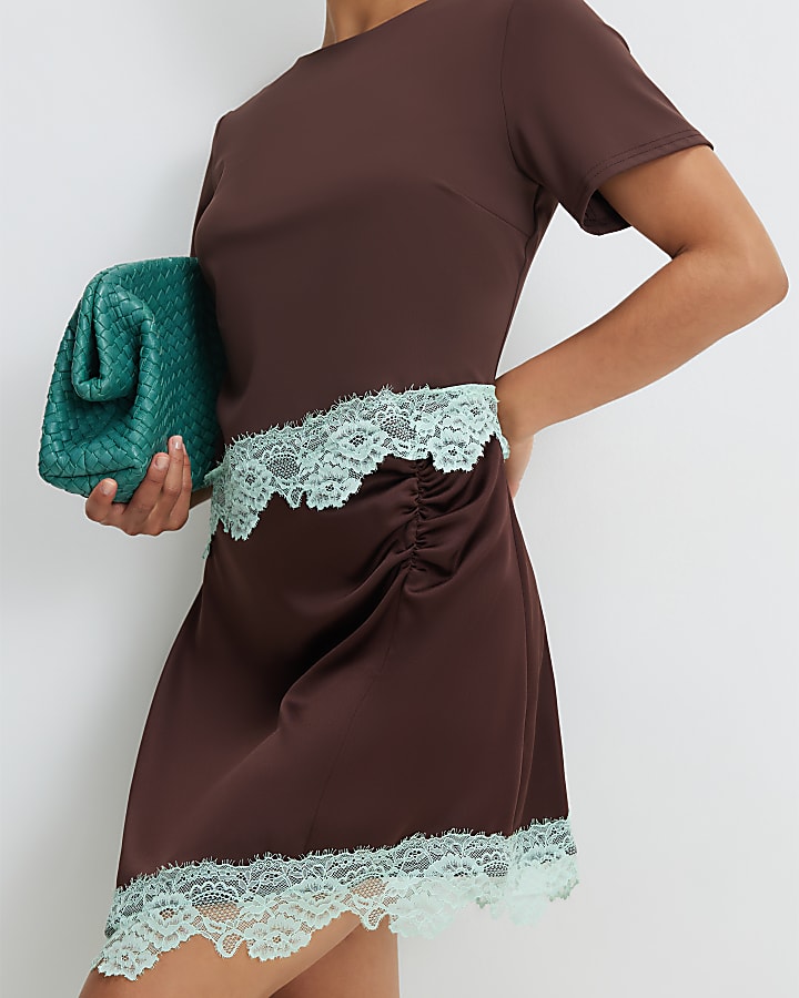 Petite Brown Satin Lace Ruched Mini Dress