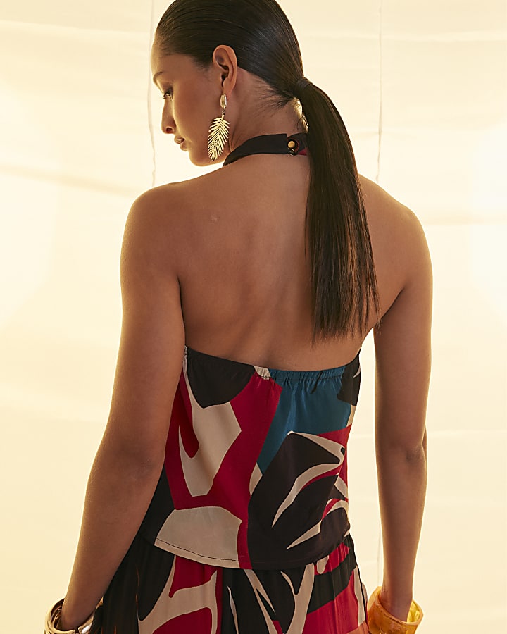 Brown Leaf Print Halter Top