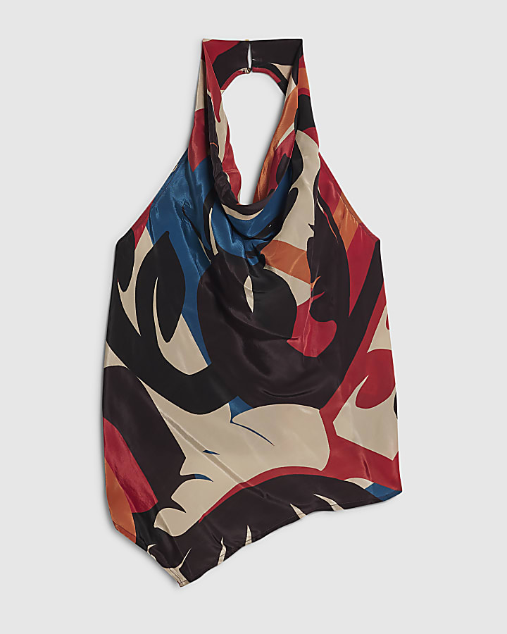 Brown Leaf Print Halter Top