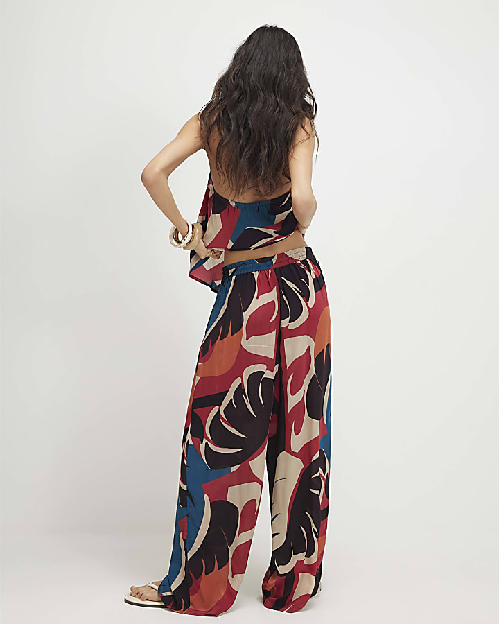 Brown Leaf Print Wide Leg Trousers