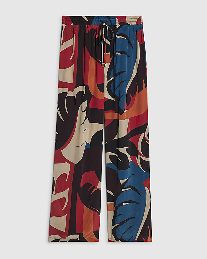 Brown Leaf Print Wide Leg Trousers