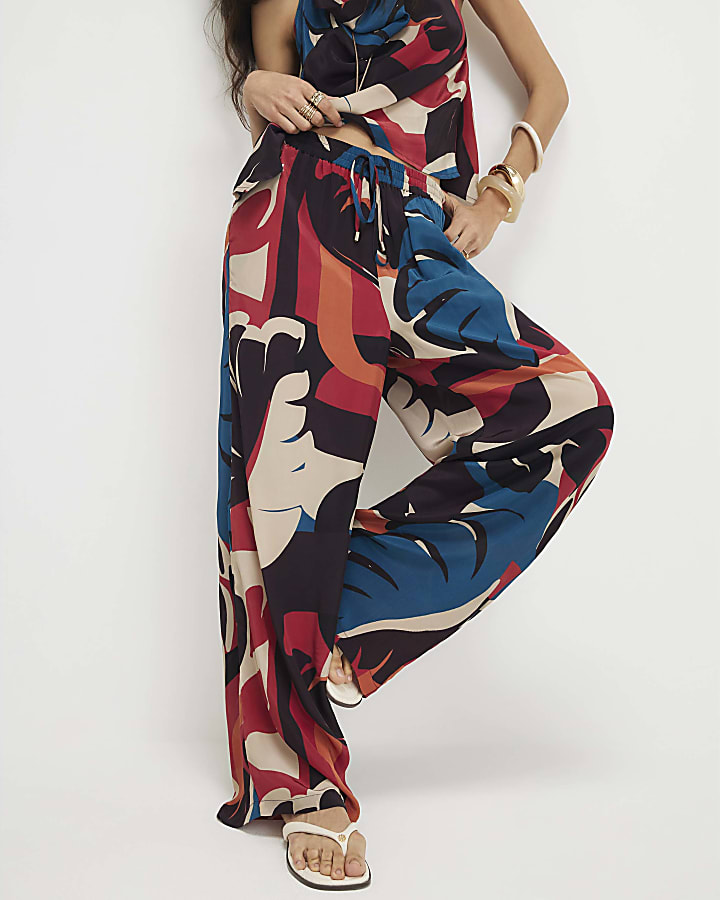 Brown Leaf Print Wide Leg Trousers