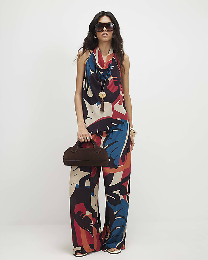 Brown Leaf Print Wide Leg Trousers