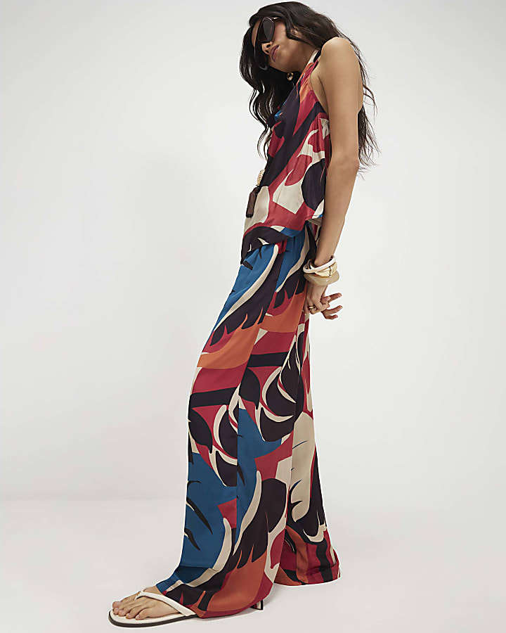 Brown Leaf Print Wide Leg Trousers