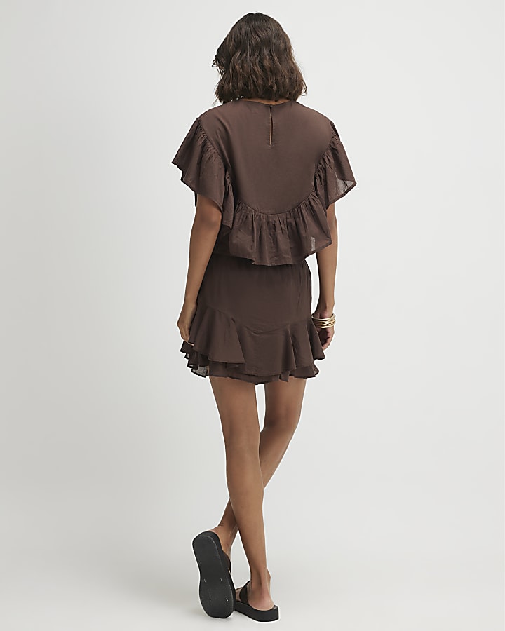 Brown Cotton Embroidered Cape Blouse