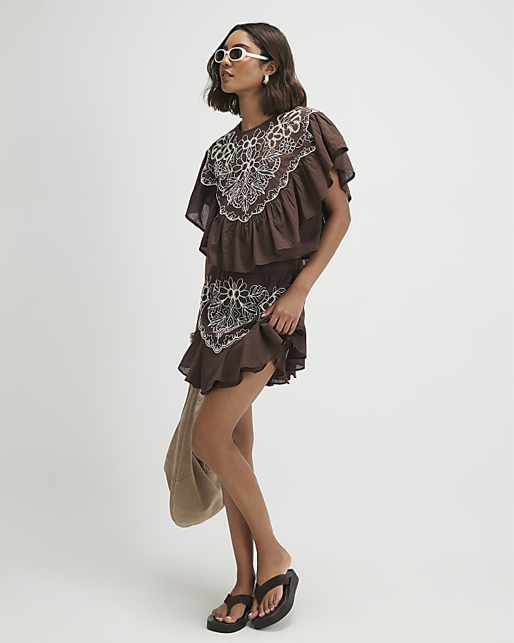 Brown Cotton Embroidered Cape Blouse