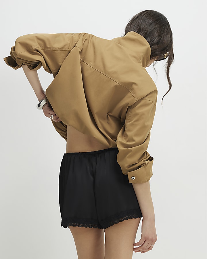 Black Satin Lace Trim Shorts