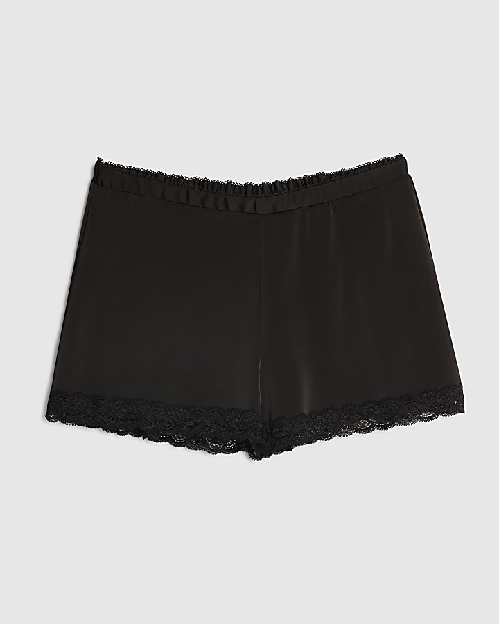 Black Satin Lace Trim Shorts