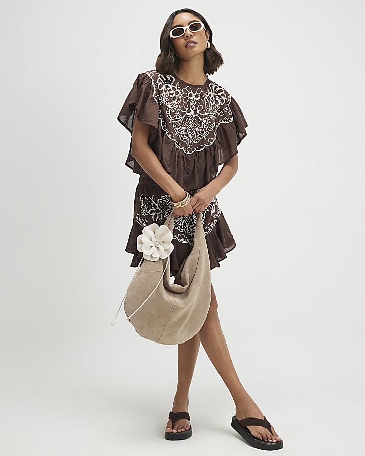 Brown Cotton Embroidered Mini Skirt