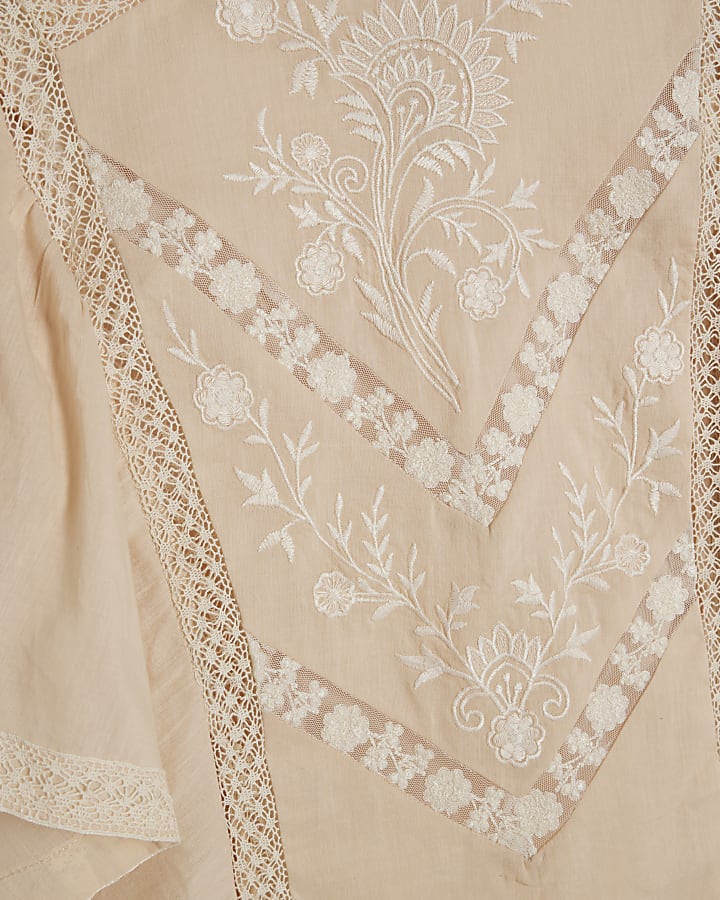 Pink Cotton Short Sleeve Lace Insert Blouse