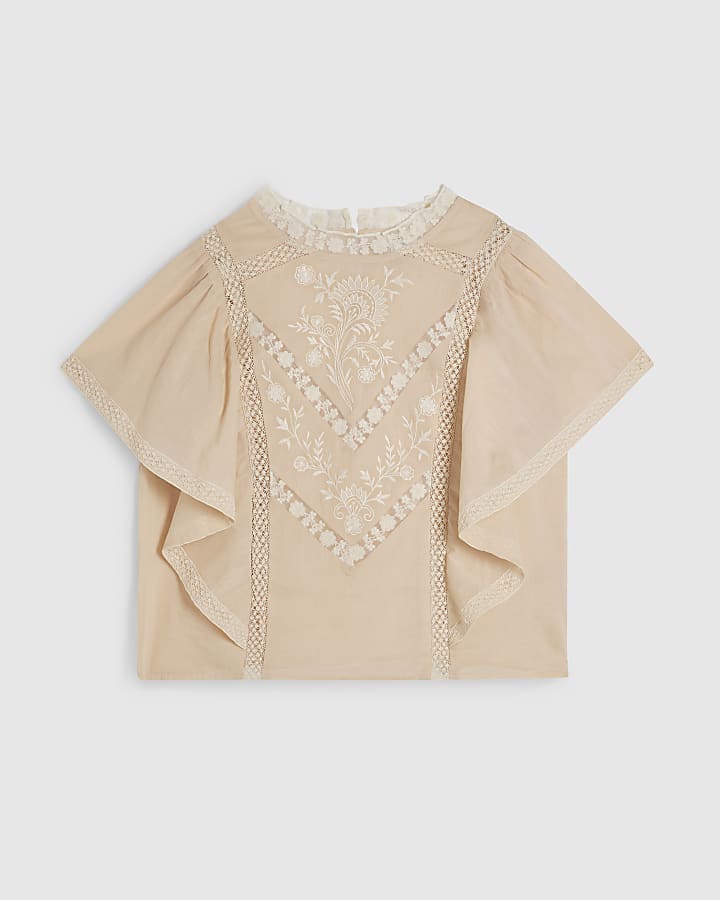 Pink Cotton Short Sleeve Lace Insert Blouse