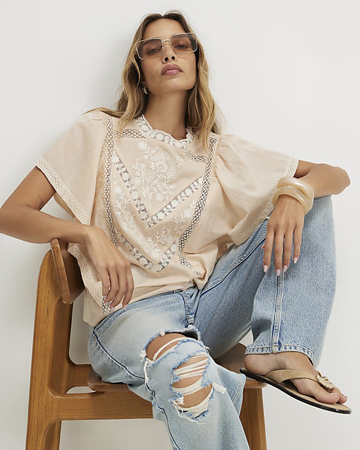 Pink Cotton Short Sleeve Lace Insert Blouse