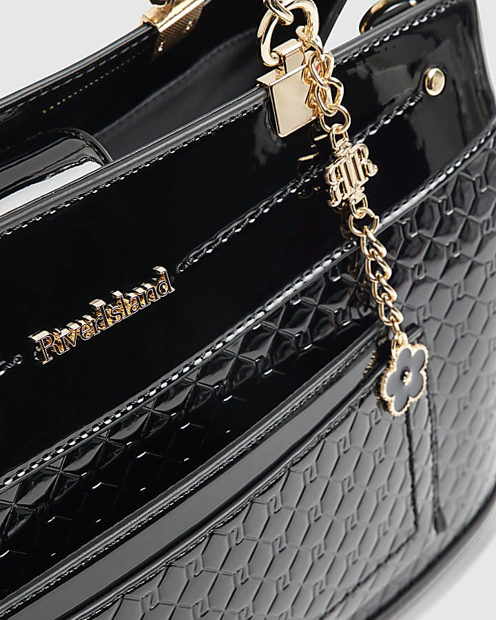 Black Chain Handle Embossed Tote Bag