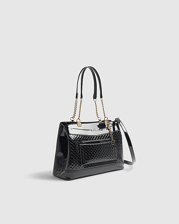 Black Chain Handle Embossed Tote Bag