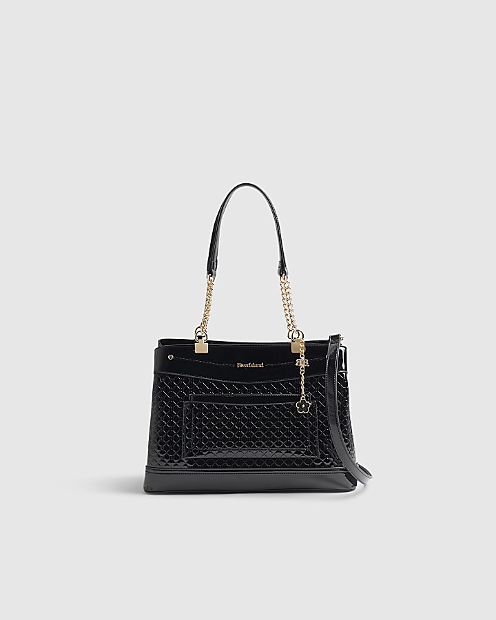 Black Chain Handle Embossed Tote Bag