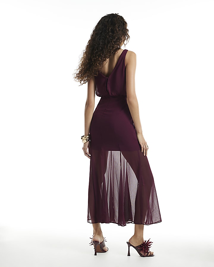 Burgundy V Neck Sheer Overlay Maxi Dress