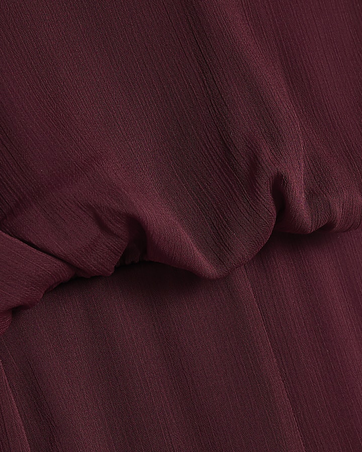 Burgundy V Neck Sheer Overlay Maxi Dress