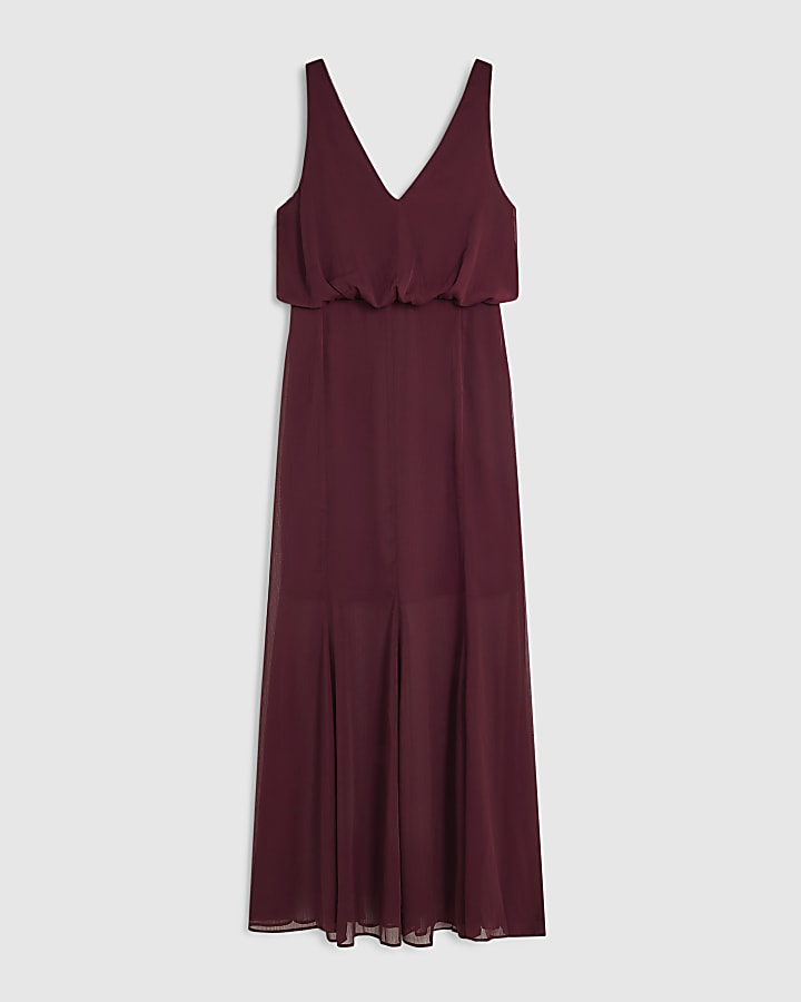 Burgundy V Neck Sheer Overlay Maxi Dress