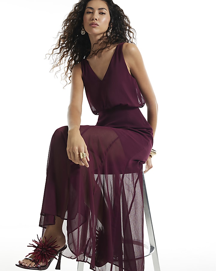 Burgundy V Neck Sheer Overlay Maxi Dress