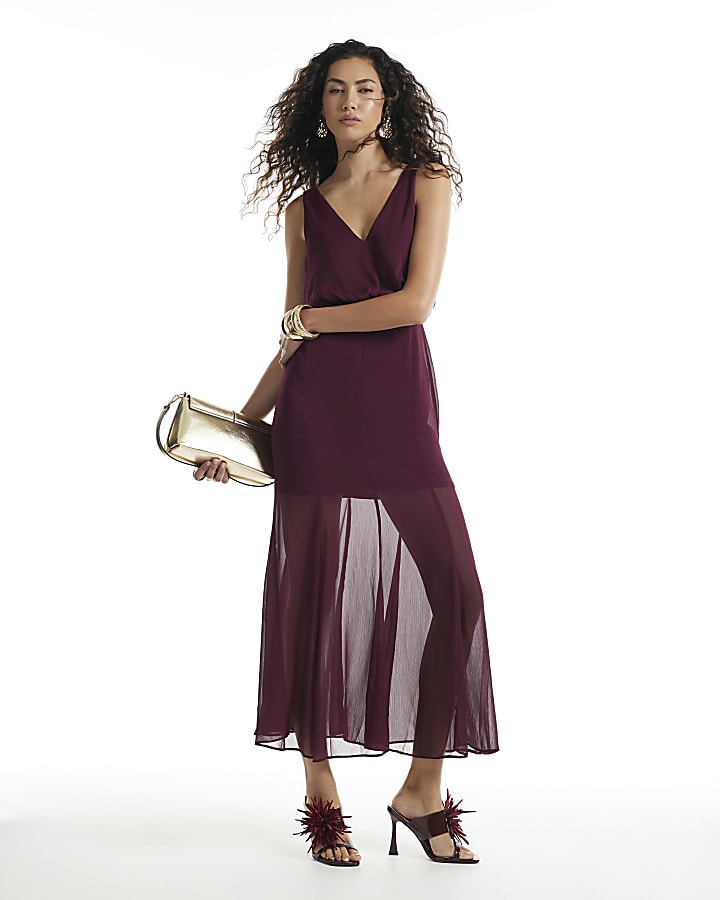 Burgundy V Neck Sheer Overlay Maxi Dress