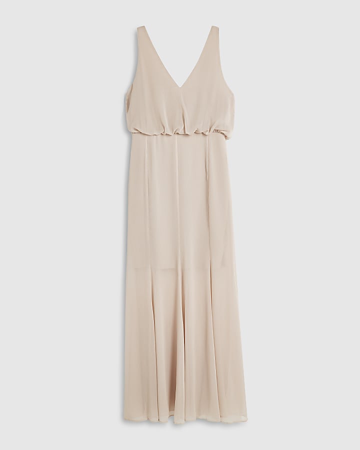 Cream  V Neck Sheer Overlay Maxi Dress