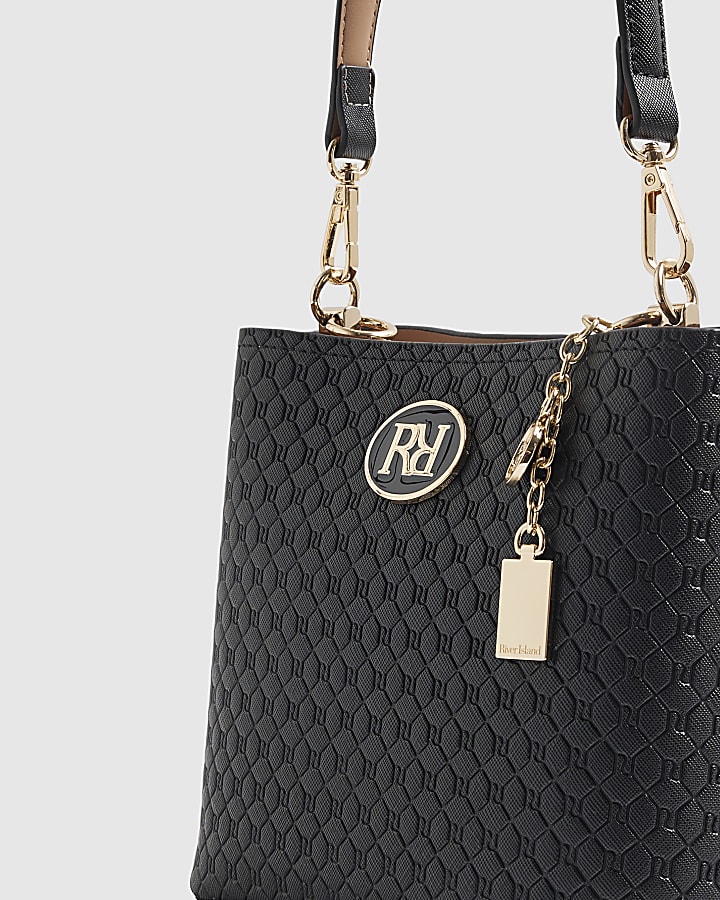 Black Embossed Monogram Cross Body Bucket Bag