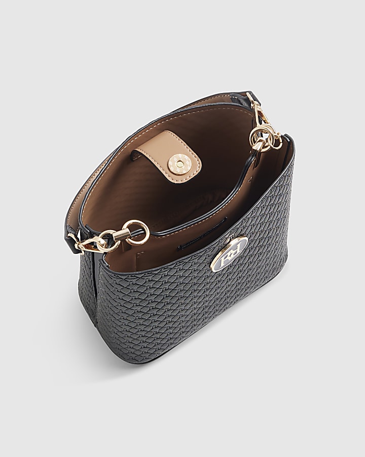 Black Embossed Monogram Cross Body Bucket Bag