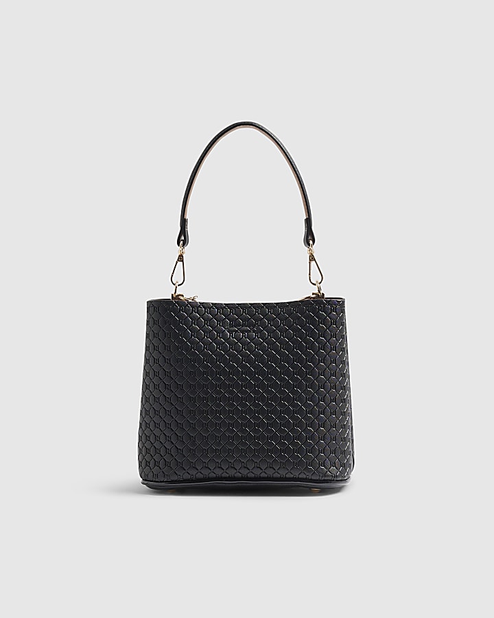 Black Embossed Monogram Cross Body Bucket Bag