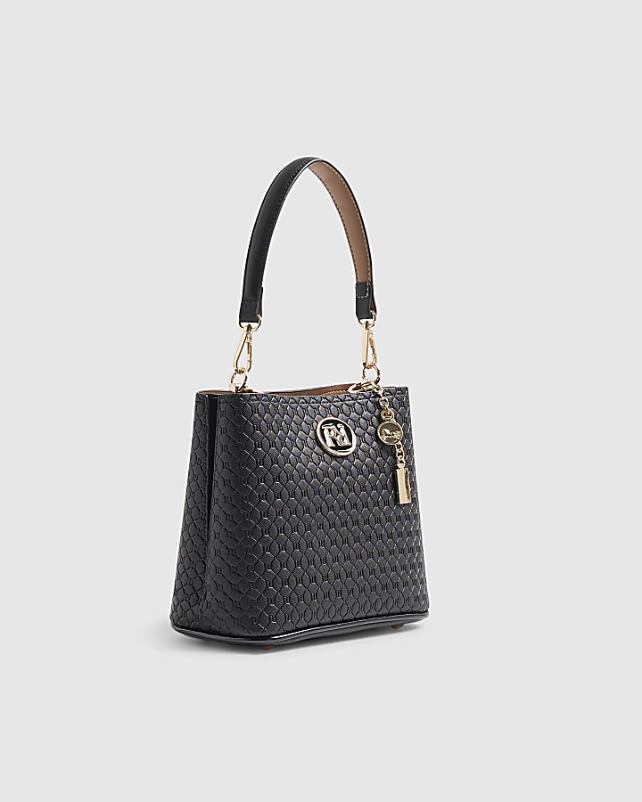 Black Embossed Monogram Cross Body Bucket Bag