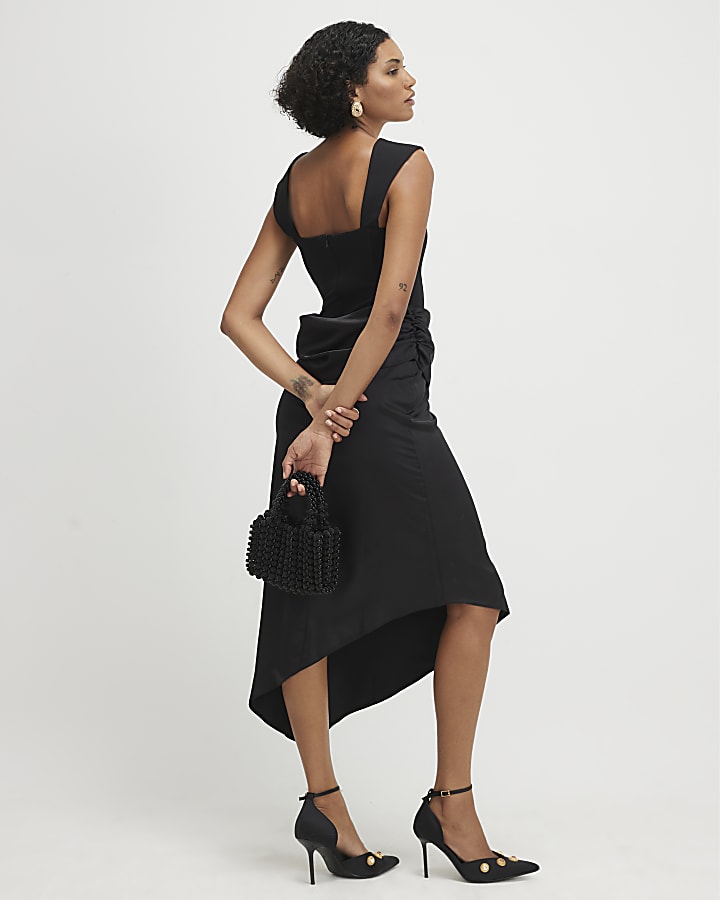 Black Satin Sleeveless Midi Dress