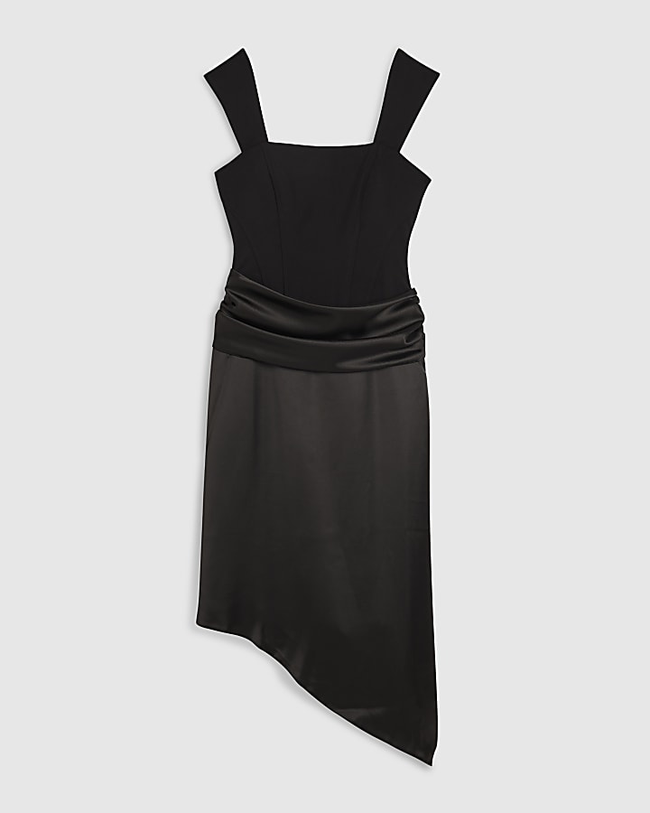 Black Satin Sleeveless Midi Dress