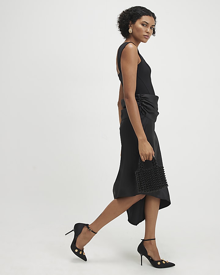 Black Satin Sleeveless Midi Dress
