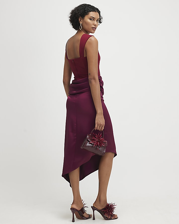 Red Satin Sleeveless Midi Dress