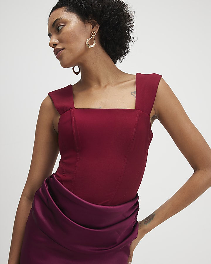 Red Satin Sleeveless Midi Dress